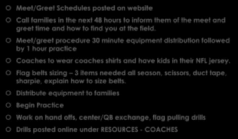 Meet and Greet What To Do Meet/Greet Schedules posted on website Call families in the next 48 hours to inform them of the meet and greet time and how to find you at the field.