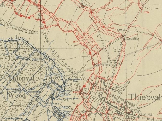 permission) (each grid square = 1000 metres). Map and air photograph of the same area of Thiepval village and German front-line and support trenches.