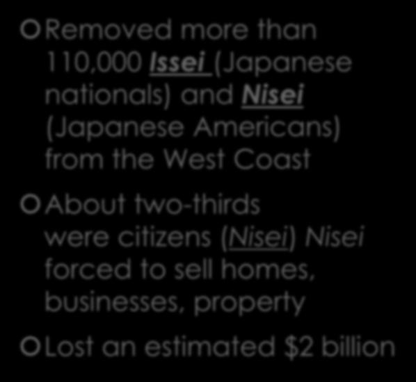 Japanese American Internment Removed more than 110,000 Issei