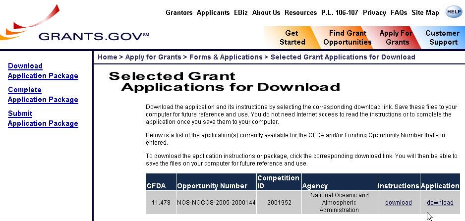 The electronic grants application package can be found by scrolling to the bottom of the Grant link and clicking on the button
