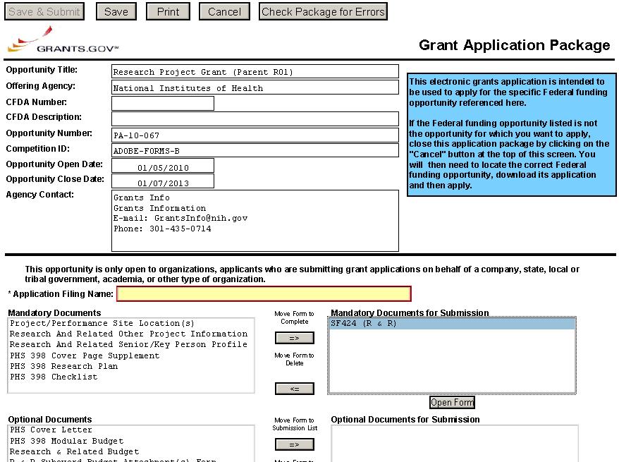 Grant Application Package Save the Package locally Make sure you have the correct application package.