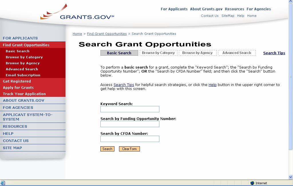 To conduct a basic search, simply click on Basic Search under Find Grant Opportunities in the left