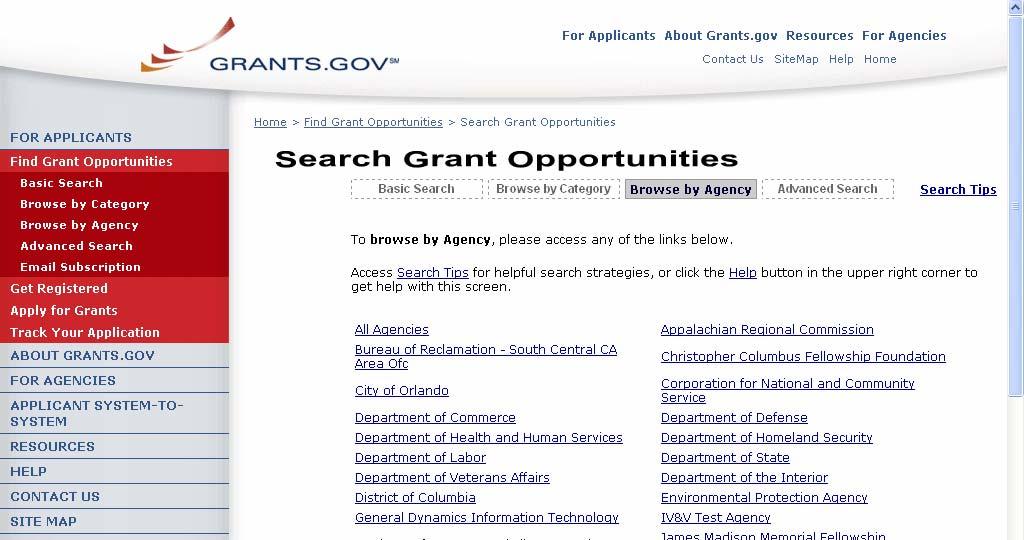 To browse grant opportunities by agency, simply click on Browse by Agency at the