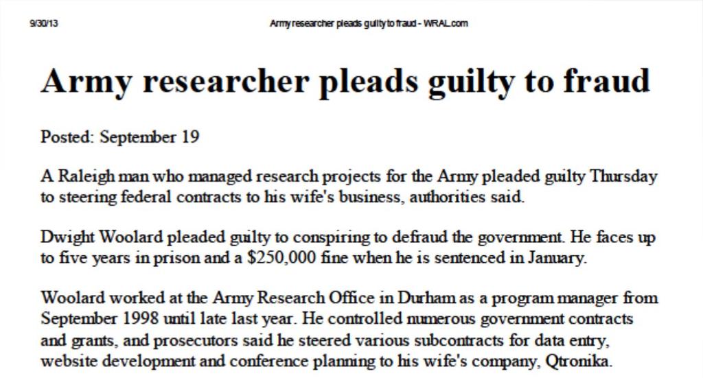 COI in the News. Sept 2013..pleaded guilty to conspiring to defraud the government.