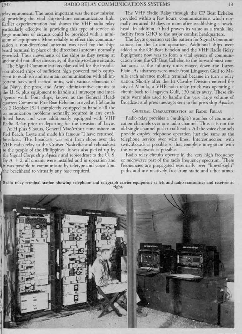 ...-- 1947 RADO RELAY COi\i\UNCATONS SYSTEi\S 13 relay equipment. The most important was the new mission of pro\'iding the vital ship-to-shore communication link.