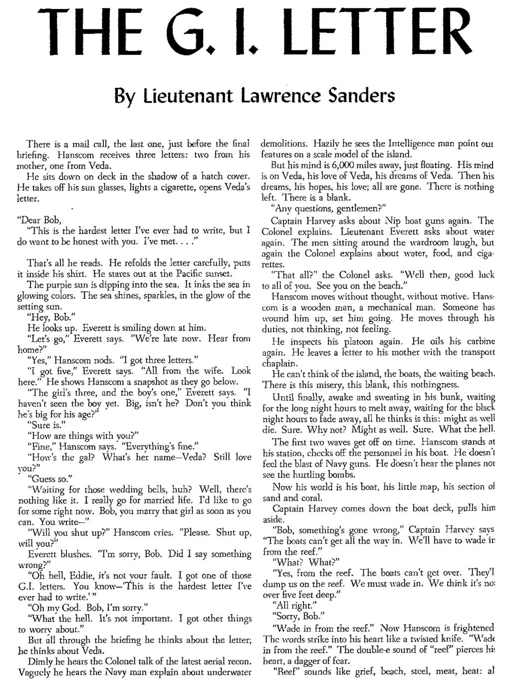 THE G.. letter By lieutenant lawrence Sanders There is a mail call, the last one, just before the final briefing. Hanscom receives three letters: two from his mother, one from Veda.