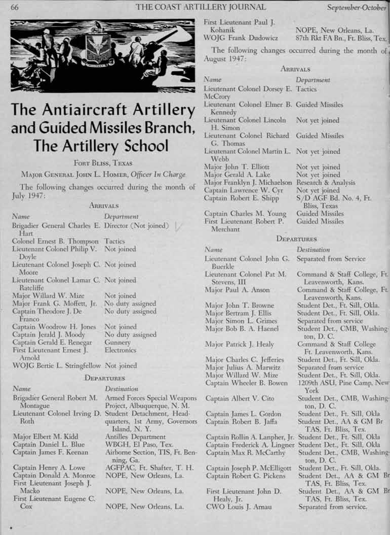 66 THE COAST ARTLLERY JOURNAL September-October The Antiaircraft Artillery and Guided Missiles Branch, The Artillery School ARRVALS Departmellt General Charles E.