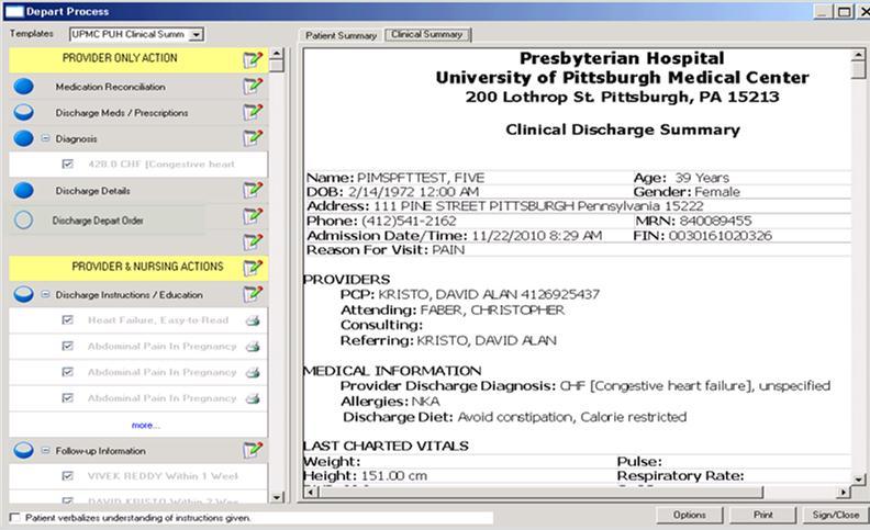 The Clinical Summary Tab - As action items are completed on the left, the Clinical Summary will also be created.