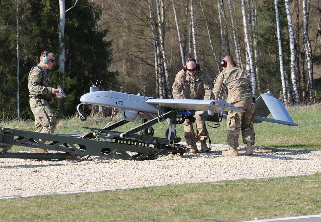 Soldiers with the 3rd Armored Brigade Combat Team, 4th Infantry Division launch an RQ-7B Shadow UAV during live-fire exercises at Rose Barracks in Vilseck, Germany, on 9 April 2017.