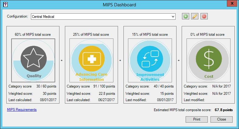Added Features (continued) MIPS Dashboard The MIPS Dashboard (Reports > MIPS Dashboard) has been updated with the ability to print from each of the category areas (Quality, Advancing Care