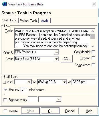 Figure 16 Staff Task indicating Cancellation Failure Cancel When the Cancel function is used (see Fig.