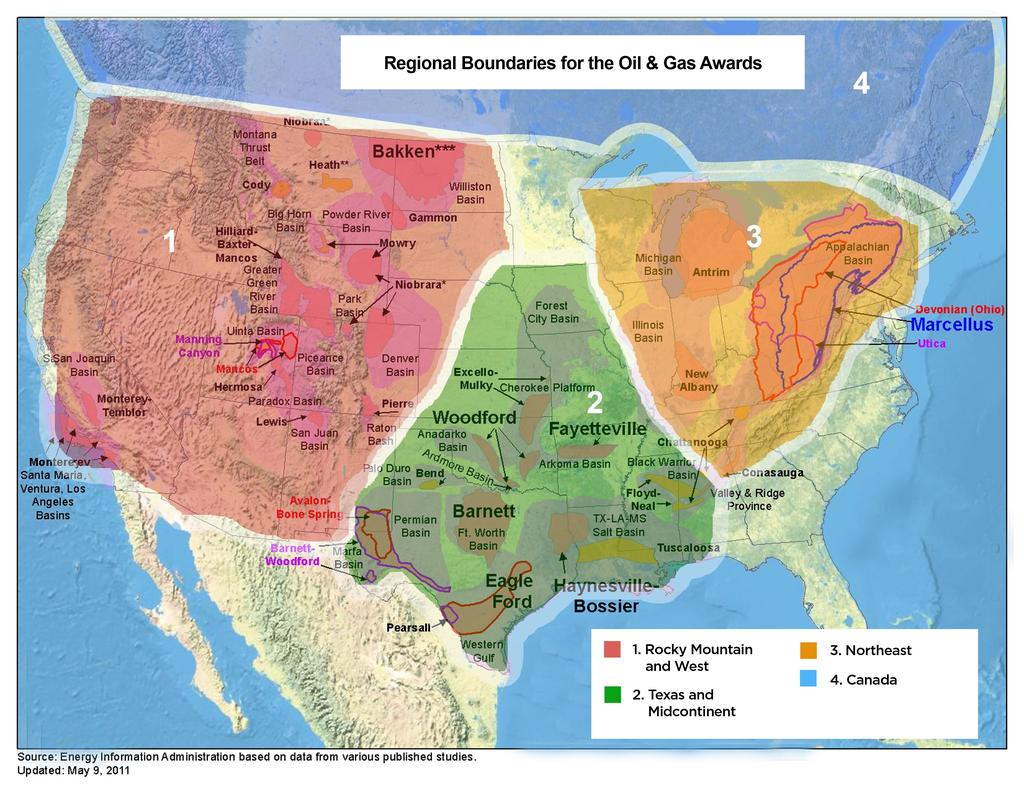 Regional Boundaries: The map below shows the regional boundaries for United States Oil & Gas Awards and organizations should consider their activity in these regions for eligibility for
