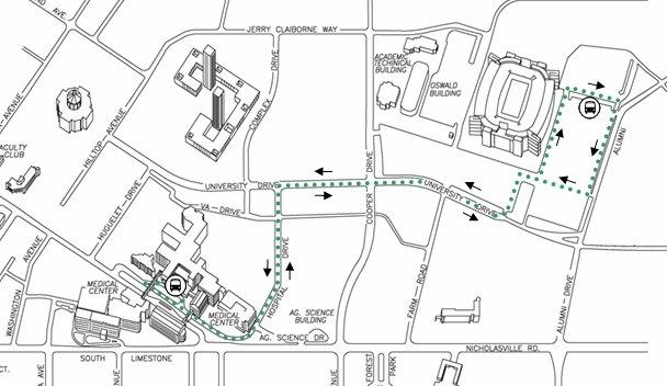below. Note that the route will change to utilize University Drive to Huguelet Drive to Rose Street once the new Hospital Shuttle in initiated.