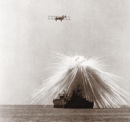 CARRIER AVIATION Army bombing USS Alabama with white phosphorus, 1921. HMS Furious after conversion from light battlecruiser.