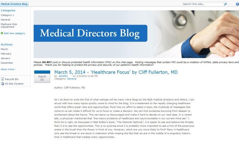 Medical Directors Blog First blog Health Care Focus by Dr. Clifford T.