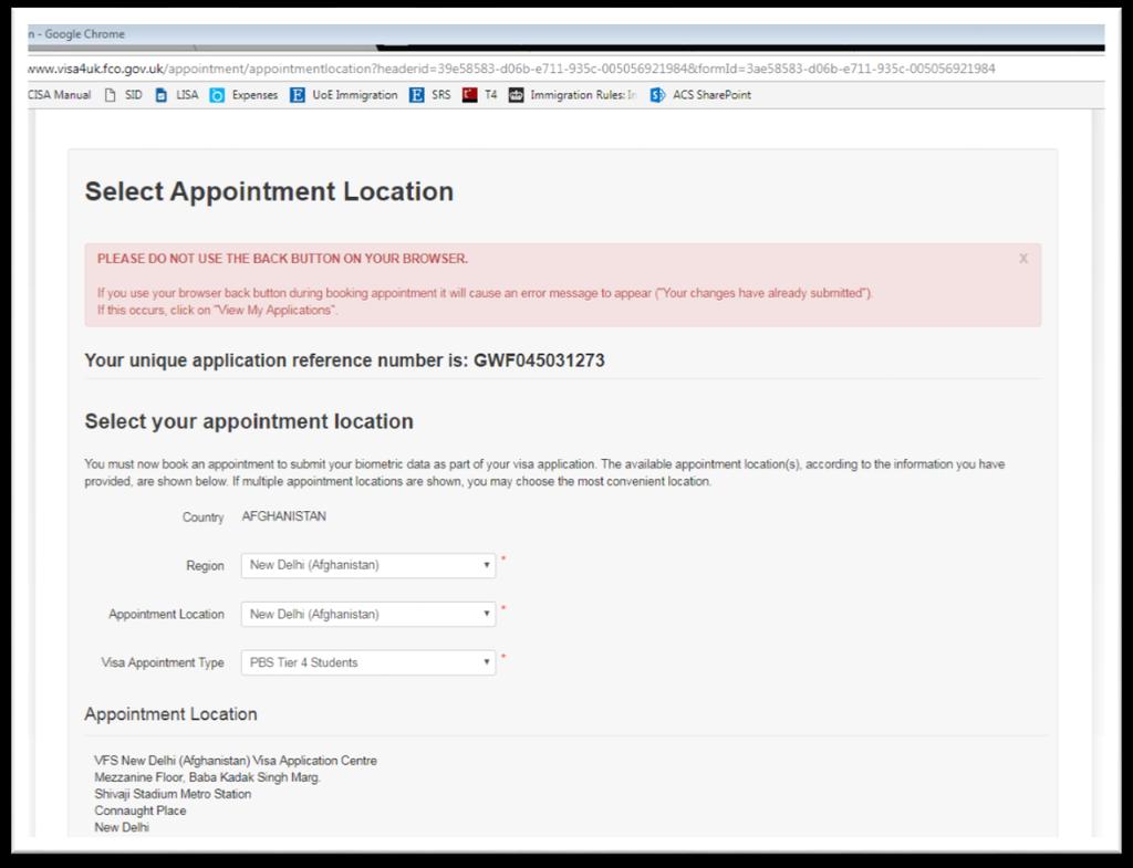 Select Appointment Location You will need to attend an appointment to show your documents, and have an interview, before your visa can be granted. 1. You will have a list of locations to choose from.