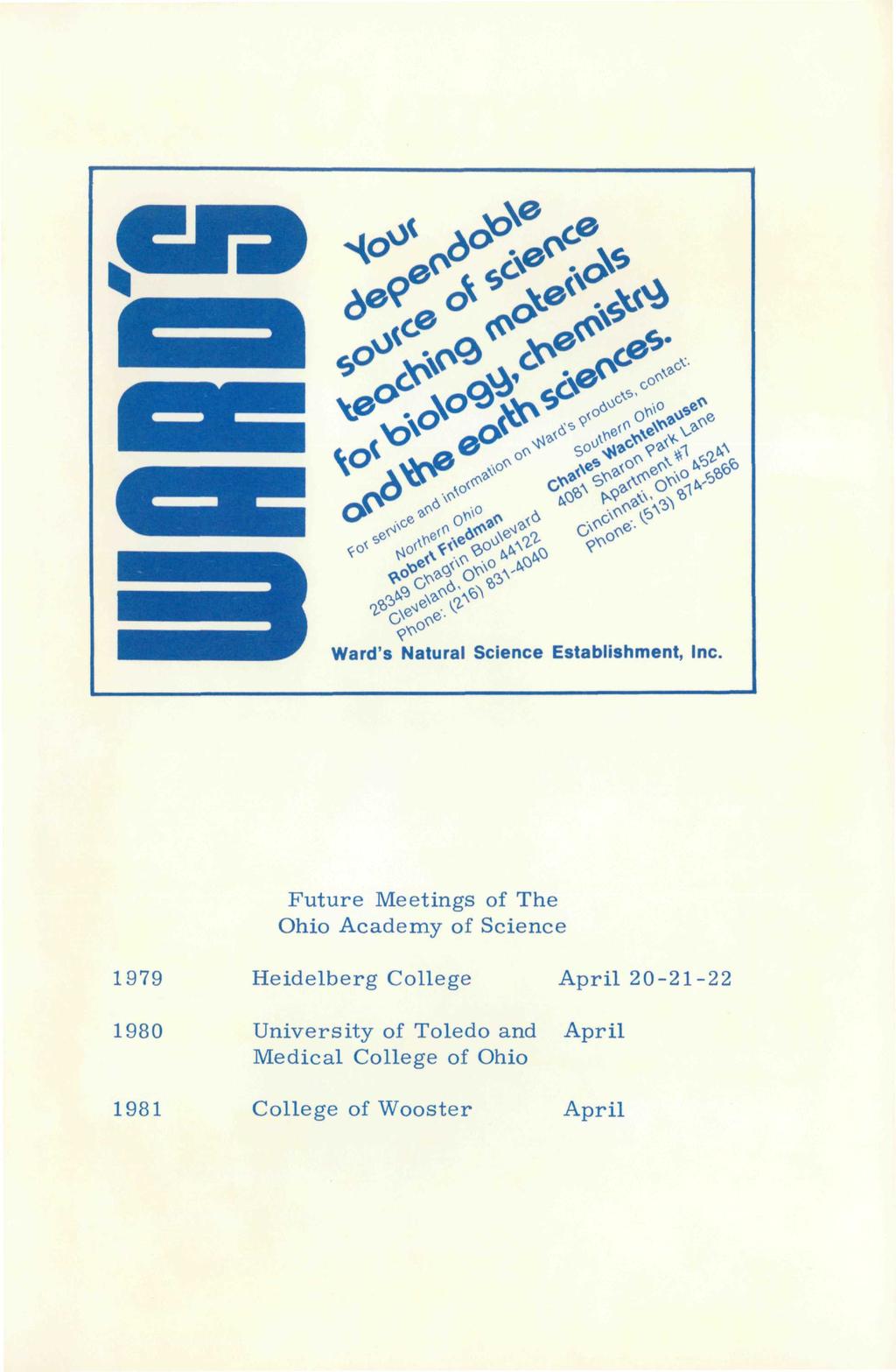 Ward's Natural Science Establishment, Inc Future Meetings of The Ohio Academy of Science 1979 Heidelberg