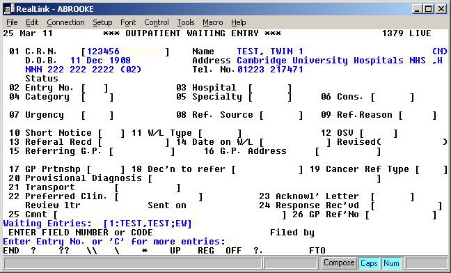 12.2 Procedure 1. The waiting list entry screen, OPWAIT, is used when removing patients from the waiting list. 2. Enter the patients hospital number (CRN) and select the correct waiting list entry.