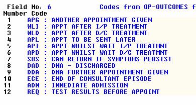 of the patient pathway End Field 6 Outcome: Enter the relevant code as indicated on the Patient Clinic Outcome sheet use F2 (Help) to display available codes and select if