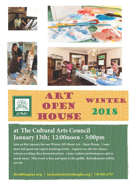 Cultural Arts Center Winter Open House 2018 Saturday, January 13, 12:00 p.m.- 3:00 p.m.: Join us on Saturday, January 13th from 12:00-3:00 pm as we present our Winter 2018 Open House.