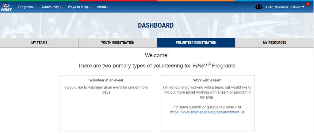 Volunteer Registration Dashboard Once you sign in, click on