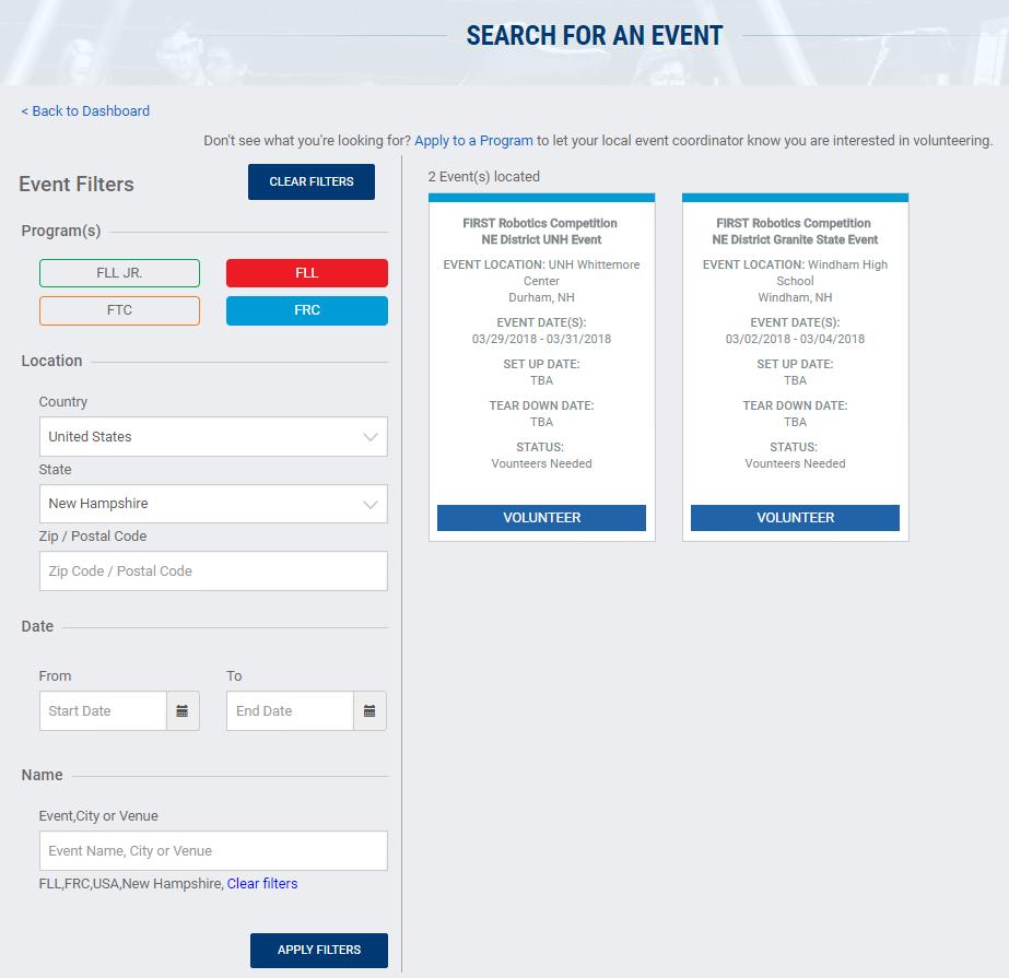 Event Search Page Use filters to refine search by program, location, and date.