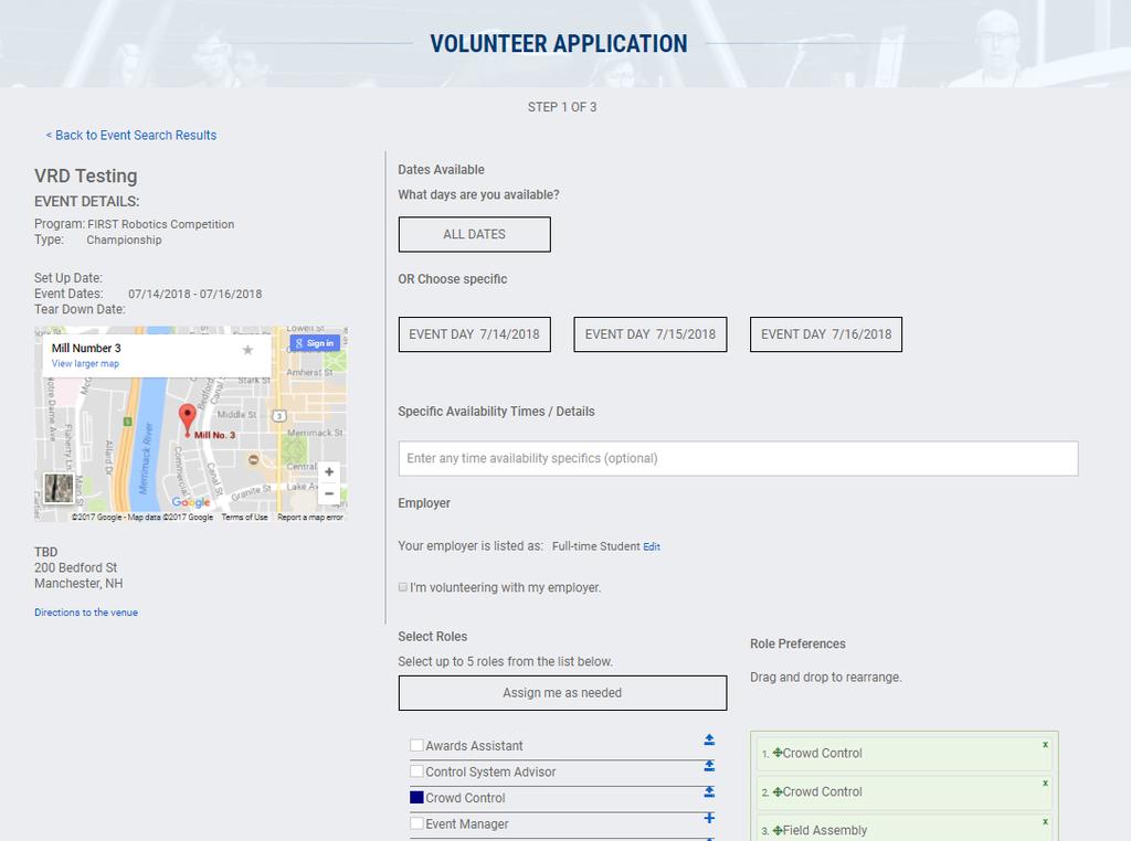 Volunteer Application Step 1 Select your available dates and enter any notes in