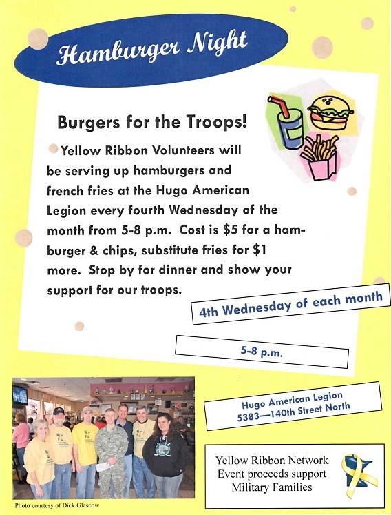 Fulfillment of mission statement: Fundraising and Community Awareness On the fourth Wednesday of each month, the Hugo Network serves hamburgers at the Hugo American Legion, raising funds to support