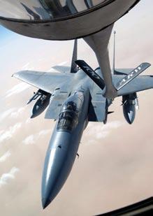USAF photo by MSgt. Mark Bucher An F-15 prepares to take on fuel over Southwest Asia.