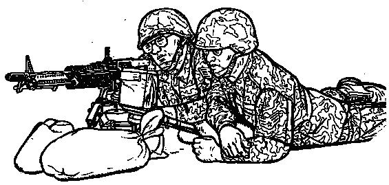 Prone Position (Bipod). The gunner (right handed) assumes a prone position behind the M60 keeping the body in line with the barrel. The hinged shoulder rest is placed on the right shoulder.