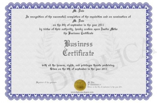 Business Certificate What is a Business Certificate? A business certificate is the public record of the name and address of the owner(s) of a business, and is commonly referred to by the name D.B.A ( Doing Business As ) or Sole Proprietorship.