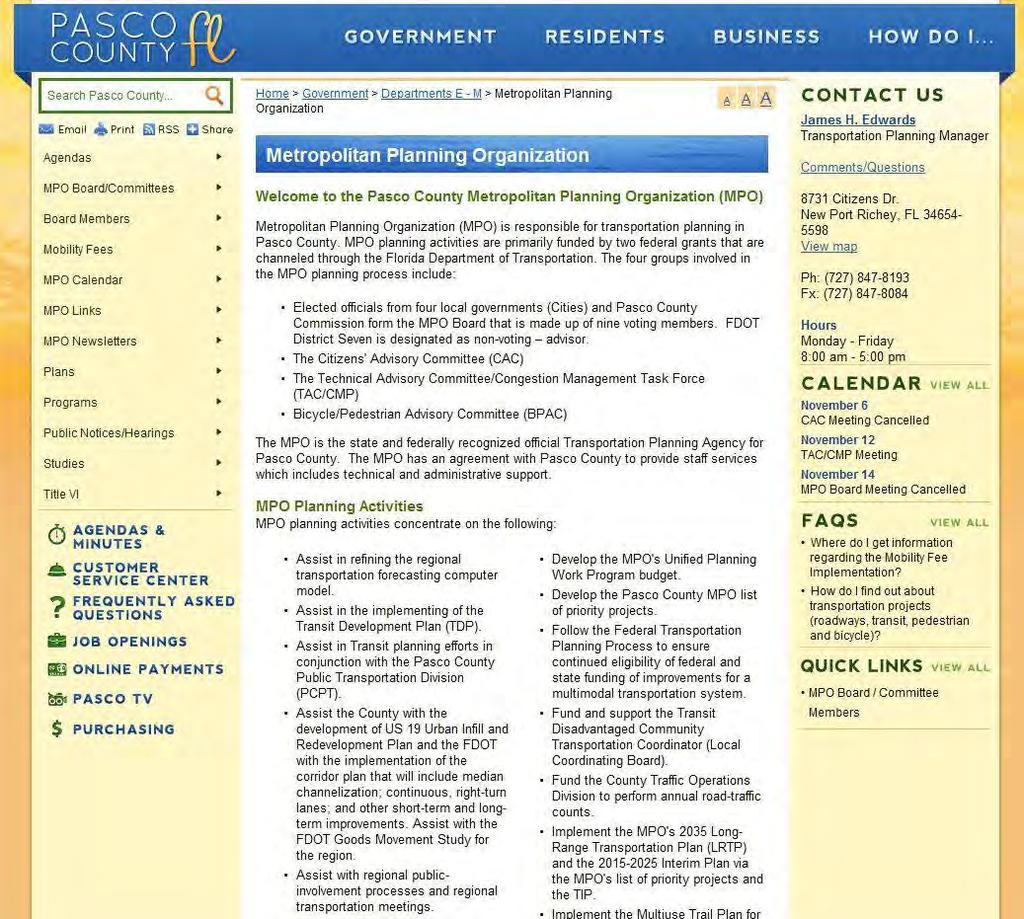 each meeting. Announcements of special meetings and workshops are also posted on this page. A screenshot of the website is provided below. Pasco County MPO Website Screenshot 1.