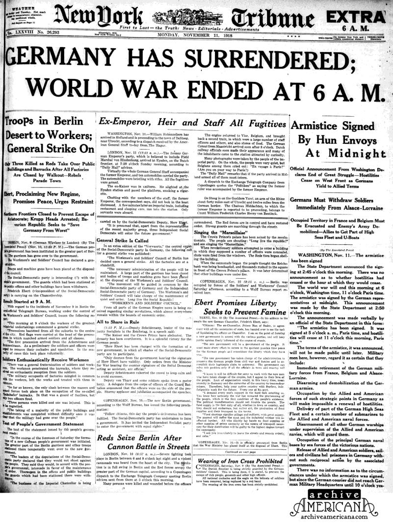 The Treaty of Versailles American troops broke the deadlock in Europe, causing Germany to surrender in November 1918.