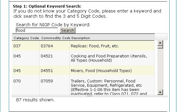 III. COMMODITY CODES: Continuing on the Vendor Registration page, you now need to select commodity codes (three digit and five digit codes). Step 1: Optional Keyword Search.