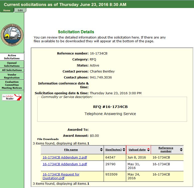 The Solicitation Details page will display allowing you to download the bid document and any