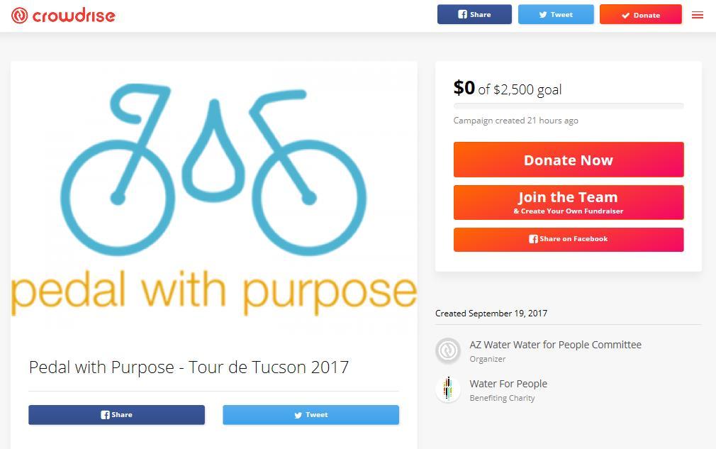 Using CrowdRise Joining the Pedal with Purpose CrowdRise 1. Go to https://www.crowdrise.com/pedal-with-purpose-tour-de-tucson-2017 The overall Pedal with Purpose fundraiser page will be displayed: 2.