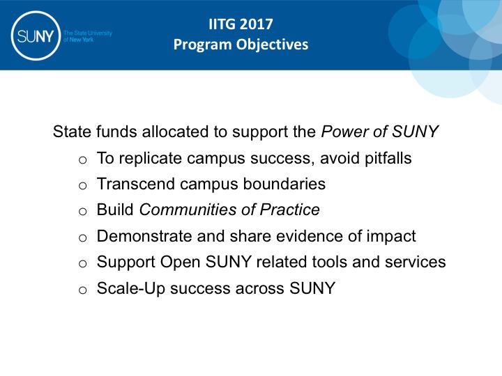 The IITG program was launched in 2012 as part of the Chancellor s Power of SUNY strategic plan.