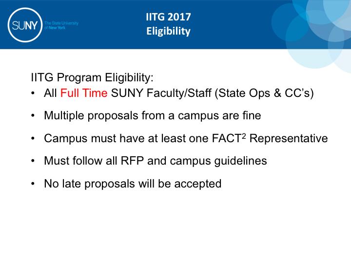 All full time SUNY faculty/staff are eligible to apply for an IITG.