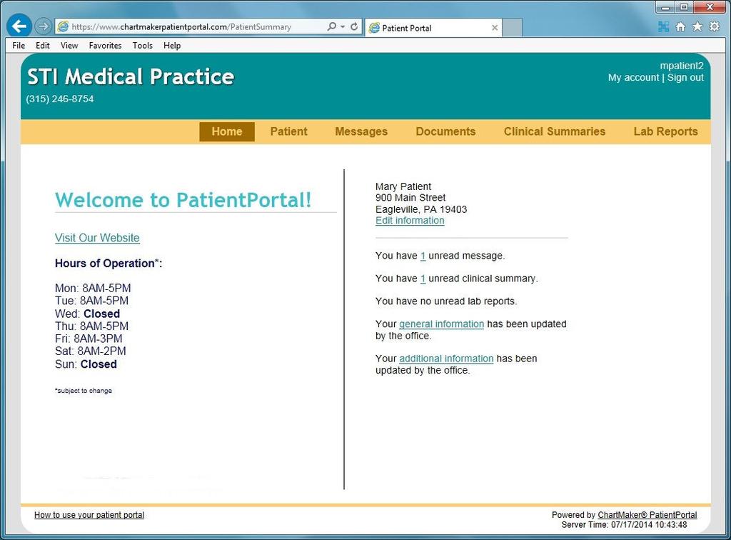 PatientPortal Home: Patients will be able to see their name and address directly from this page as well as view any notifications regarding