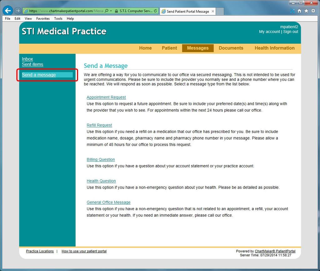 Messages: The patient will be able to view, print, delete and send messages to the practice from this page.