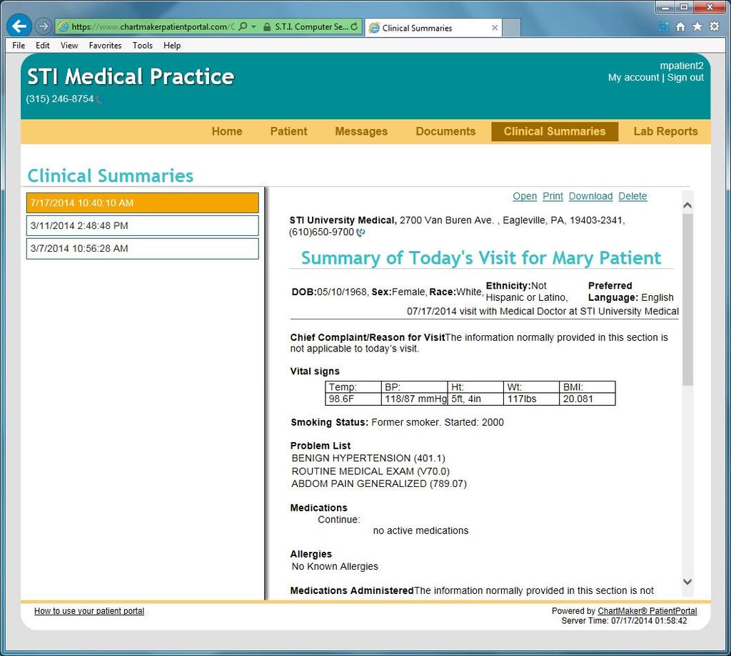 Clinical Summaries: The patient will be able to view, print or delete the clinical summary for each office visit.