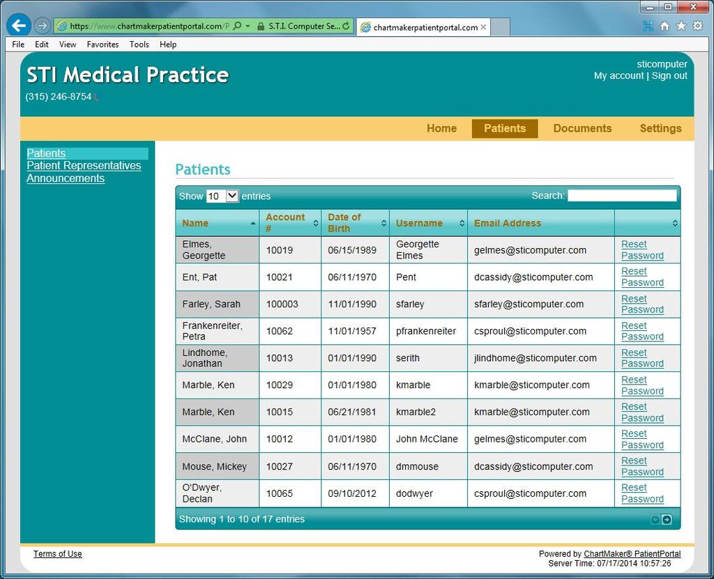 Patients: Administrators will have a list of all patients registered on the portal on this screen