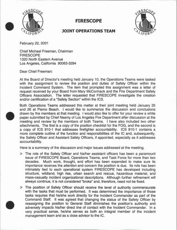 FIRESCOPE JOINT OPERATIONS TEAM February 22, 2001 Chief Michael Freeman, Chairman FIRESCOPE 1320 North Eastern Avenue Los Angeles, California 90063-3294 Dear Chief Freeman: At the Board of Director's