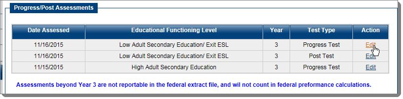 Excerpt of Updated Programs Tab Screen If you click on an assessment category, you will see the listing of both the Progress Test(s) and Poste Test(s) in the Progress /Post Assessments area the area