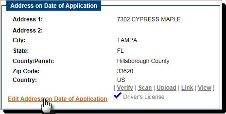 The address used on the initial application date, will be included below the mailing address (disabled) when you return to this tab.