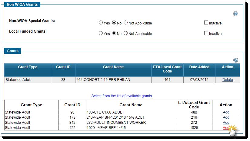 selected), five grants were displayed in the black and white list of available grants (Grant IDs), and 83 was added (which moved it to the table above the list, as the added grant id 83).