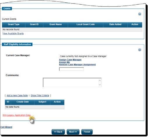 From the link staff can open a separate display of WIA data that is not used in the converted WIOA application. An example of this page is shown in the figure below.