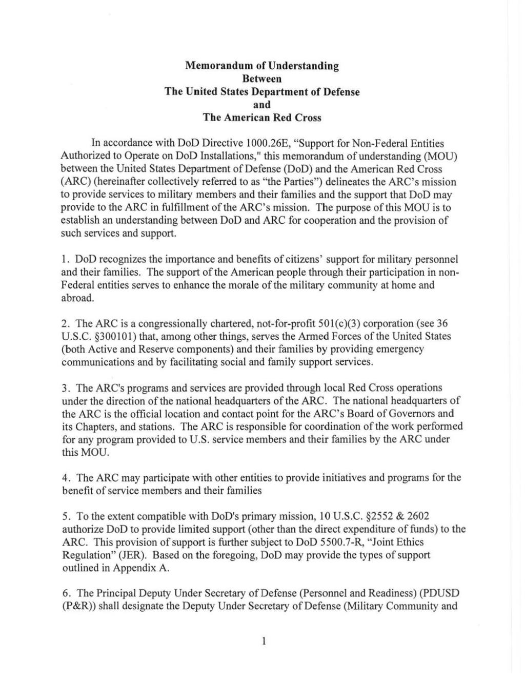 Memorandum of Understanding Between The United States Department of Defense and The American Red Cross In accordance with DoD Directive 1000.
