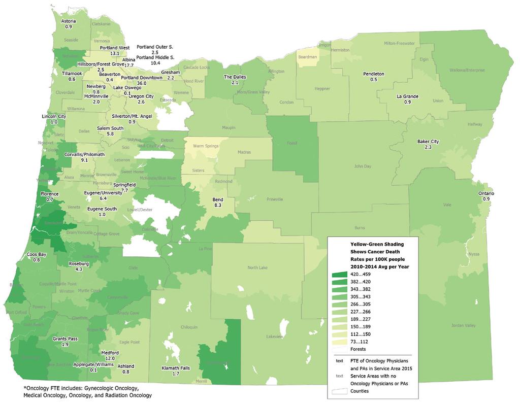 ACCESS: Specialists Oncologists FTE by Service Area, 2015 and Cancer Death Rates, 2010-2014 Average Per Year Cancer is the leading cause of death in Oregon with higher mortality rates in rural and