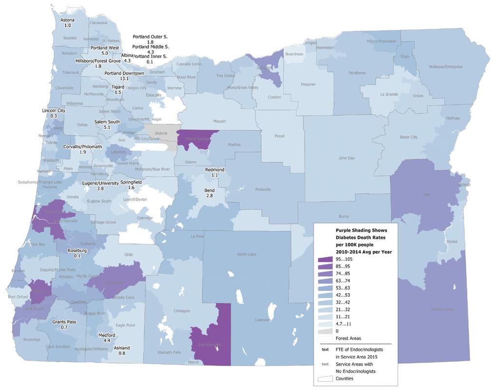 ACCESS: Specialists Endocrinologists FTE by Service Area, 2015 and Diabetes Death Rates, 2010-2014 Average Per Year Diabetes is the sixth leading cause of death in frontier Oregon, and the seventh in